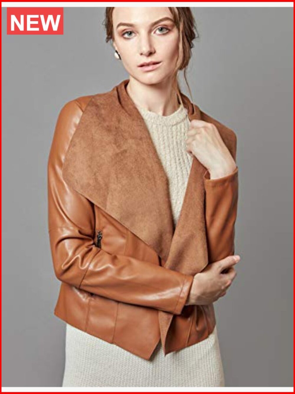 Faux Leather Jacket Slim Open Front Lapel Blazer - Picture 3 of 7